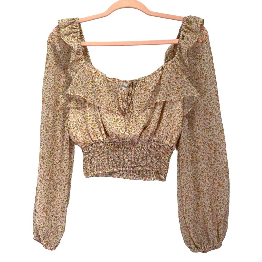 Crop Ditsy Floral peasant blouse Balloon sheer sleeves Sz S West Of Melrose Boho